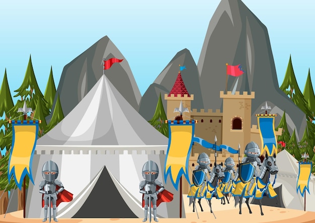 Scena dell'accampamento dell'esercito medievale con i cavalieri