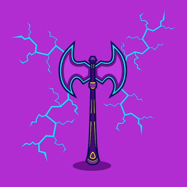 Medieval axe in cyberpunk style cartoon illustration