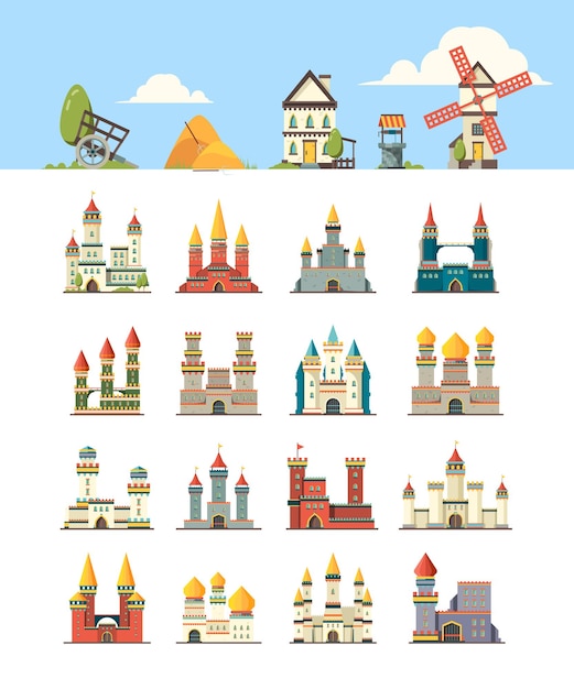 Vector medieval buildings. kingdom ancient construction castles houses rock walls wellness well construction. illustration castle and citadel, building medieval collection