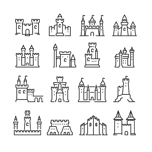 Medieval castle and ancient tower fortress line icons