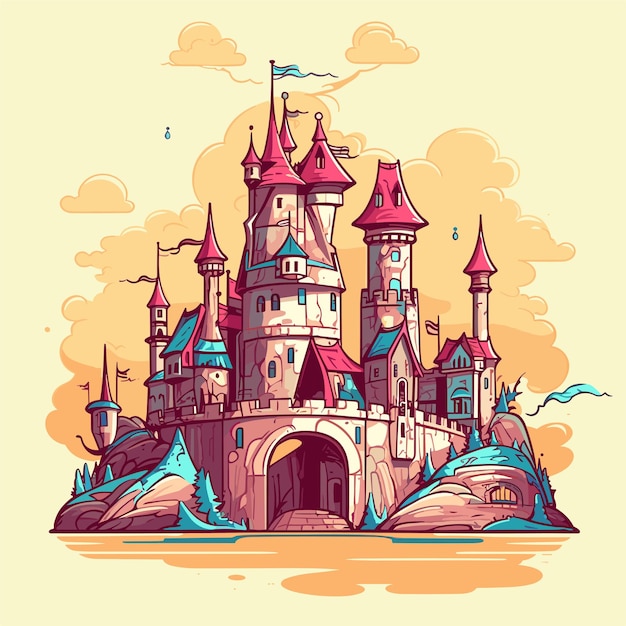 Medieval castle cartoon fairytale castle hand drawn design