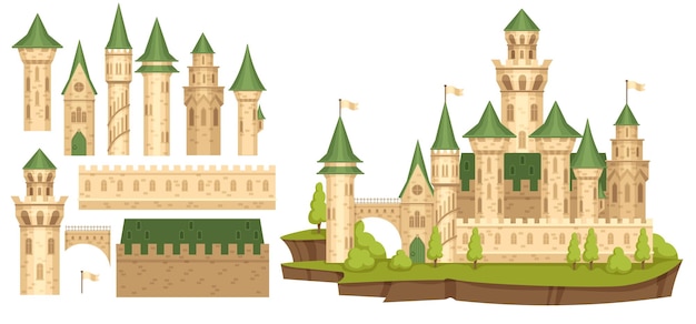 Vector medieval castle constructor old bastion cartoon ancient tower creator and palace walls elements vector set