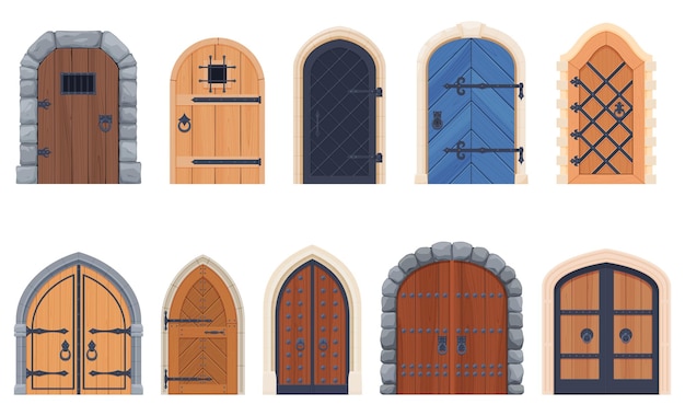 Medieval castle door with wrought iron elements wooden doors gates vector illustration