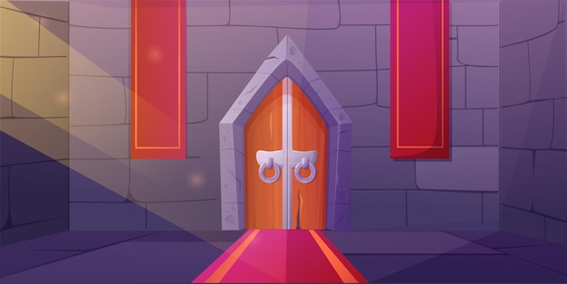 medieval castle dungeon doors magic interior game building brick house fairytale stone decoration wood and iron doorway red carpet and flags vector illustration recent background