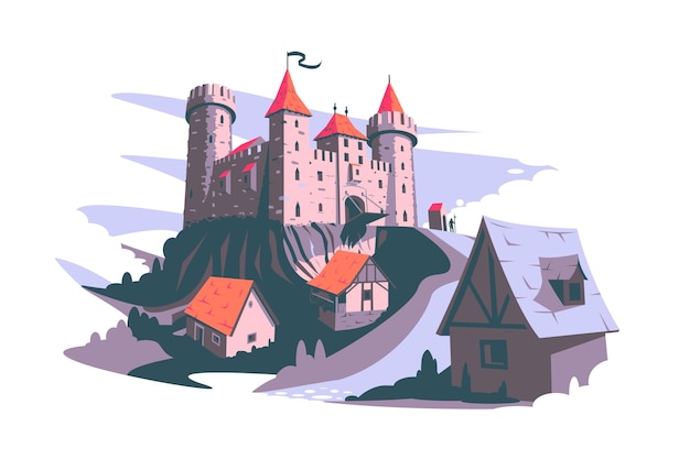 Средневековый замок на холме векторная иллюстрация башня здание архитектура древняя история плоский стиль средневековье искусство и история концепция изолированные