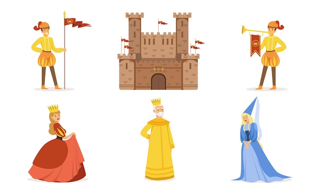 Medieval castle and people in costumes Set of vector illustrations