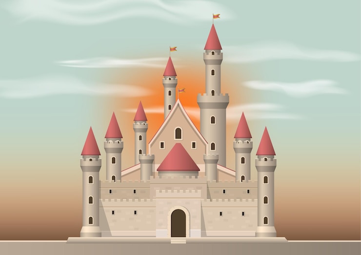 Vector medieval castle with sunset on background.