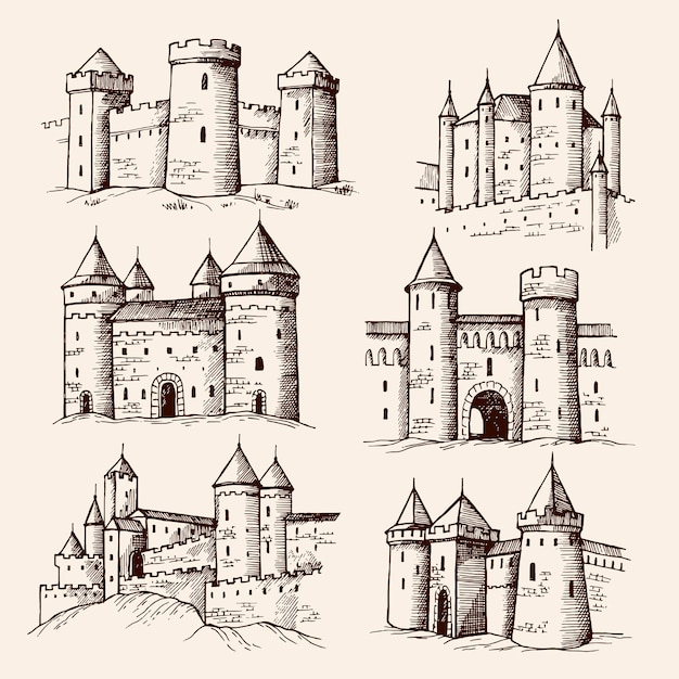 Medieval castles Drawing ancient building towers gothic architectural objects old castles recent vector illustrations