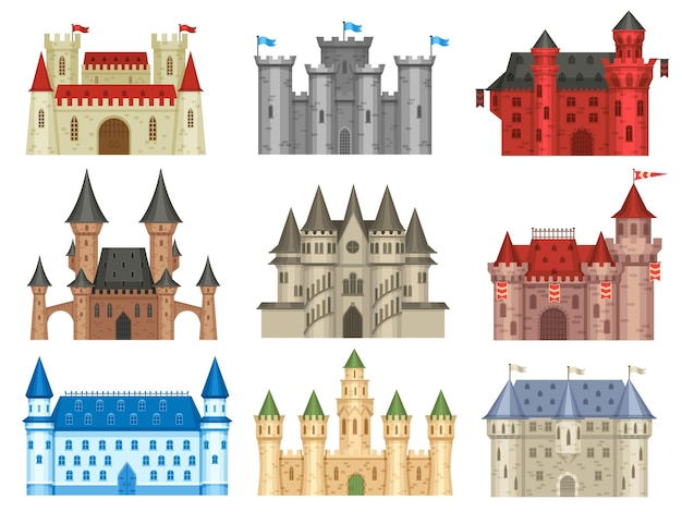 Vector medieval castles gothic palace ancient king house and old kingdom castle tower vector set