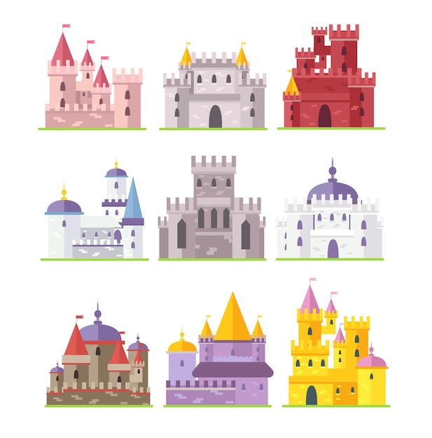 Medieval castles   illustrations set old fortresses  cartoon ancient architecture