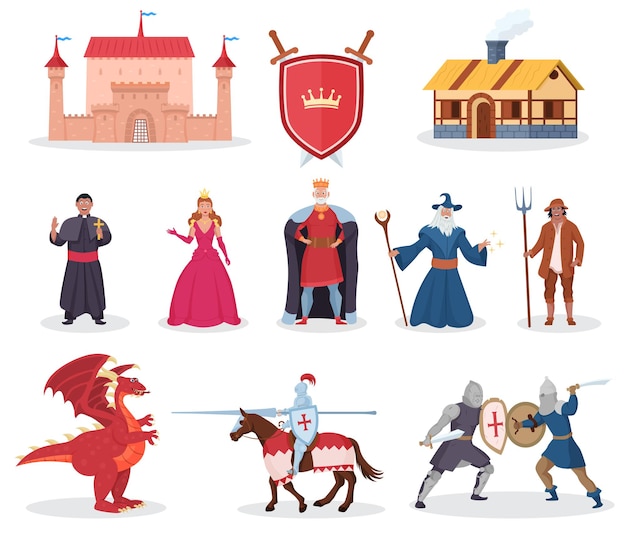 Vector medieval character, fantasy dragon and middle age building. knight warrior, queen, princess and king, magician person for fairytale and story legend vector illustration isolated on white background