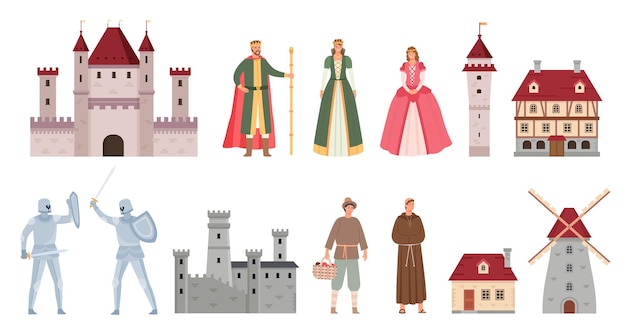 ベクトル 中世のキャラクター。漫画の中世の王、女王、王女、剣、農民、僧侶の騎士の決闘。古代の城と家のベクトルセット。イラスト王と女王、中世の漫画の城