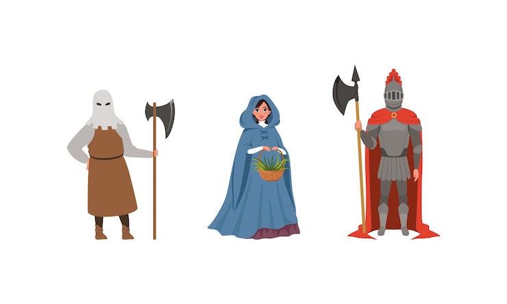 Vector 고대 의상을 입은 중세 인물 세트 사형 집행자 무장 기사 여성 중세 도시의 시민 터 일러스트레이션