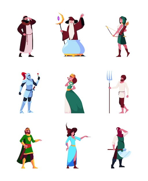 Vector medieval characters kingdom fantasy princesses archers knights royal carnival european costumes historical people garish vector flat templates set