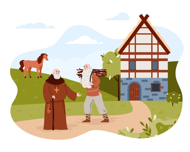 Medieval city or village with priest and peasant vector illustration isolated