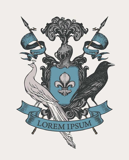 Vector medieval coat of arms with peacock and raven