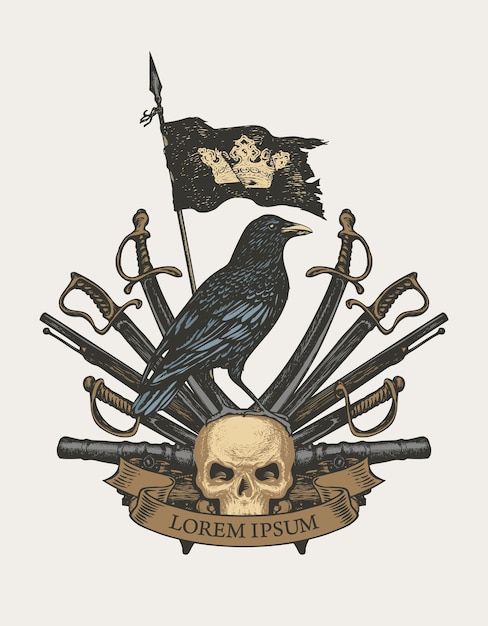 medieval coat of arms with raven skull and weapon