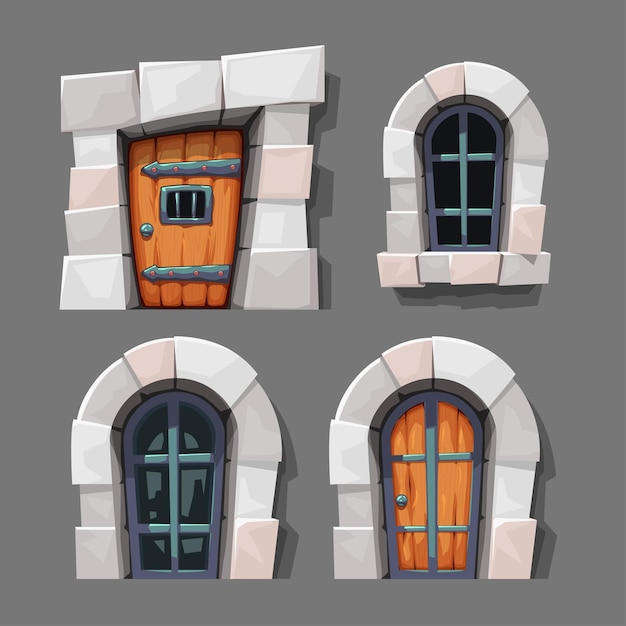 Medieval doors and windows in cartoon style