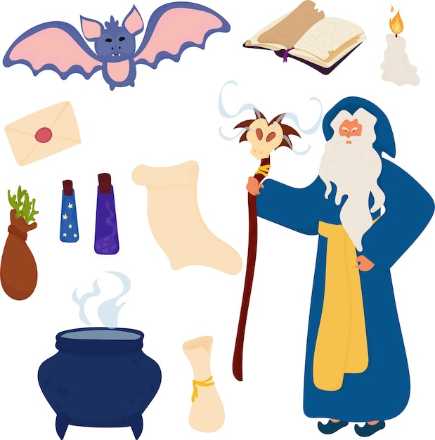 Medieval evil wizard  sorcerer and his magic tools