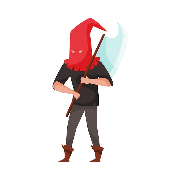 Vector medieval executor or headman wearing red hat and carrying sharp axe vector illustration