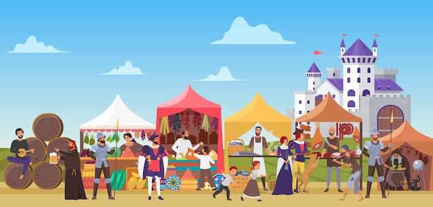 Mercato di fiaba medioevale medioevale giusto con la gente della città antica e il castello sullo sfondo