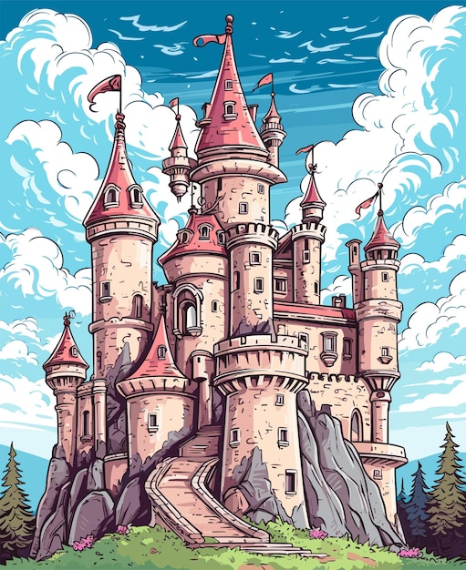 Medieval fairytale castle cartoon illustration design