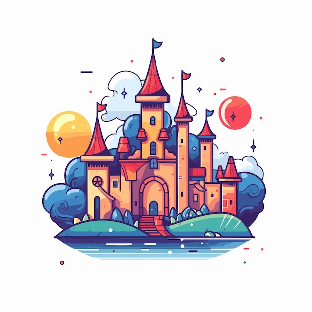 Medieval fairytale castle cartoon illustration design