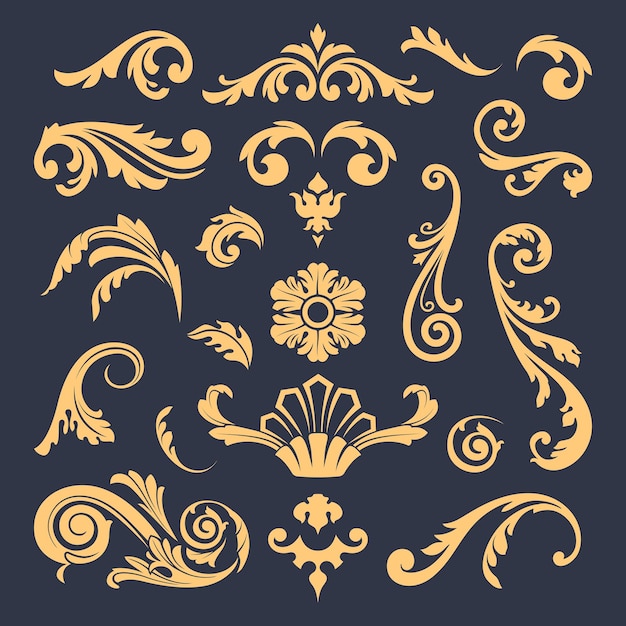 Medieval flourish ornaments Victorian graphic elements Gold patterns on dark backgrond Vintage vector elements