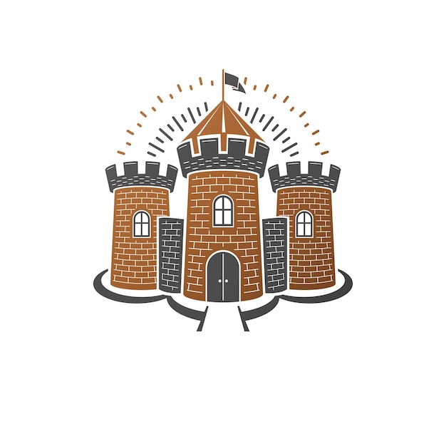 Medieval fortress decorative isolated vector illustration. Retro Fort logo in old style isolated on white background.