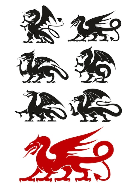 Medieval heraldic dragons black and red icons of powerful mythical beast with open wings and curved tails. Use as heraldic symbol, tattoo or mascot design