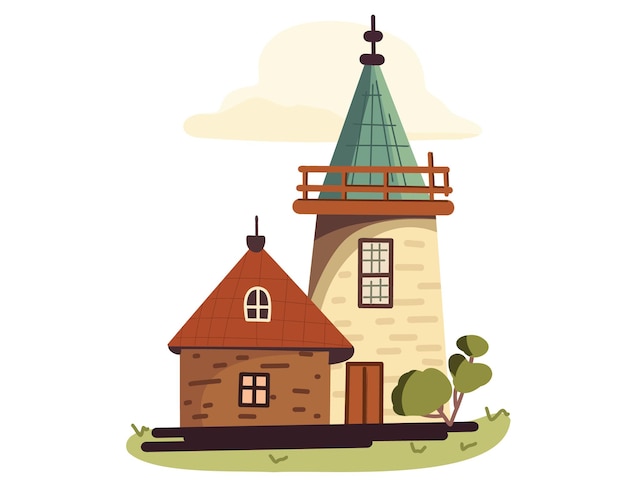 Вектор Векторная мультфильмная иллюстрация средневекового дома и башни