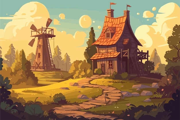 Medieval house in fairy forest village cartoon vector