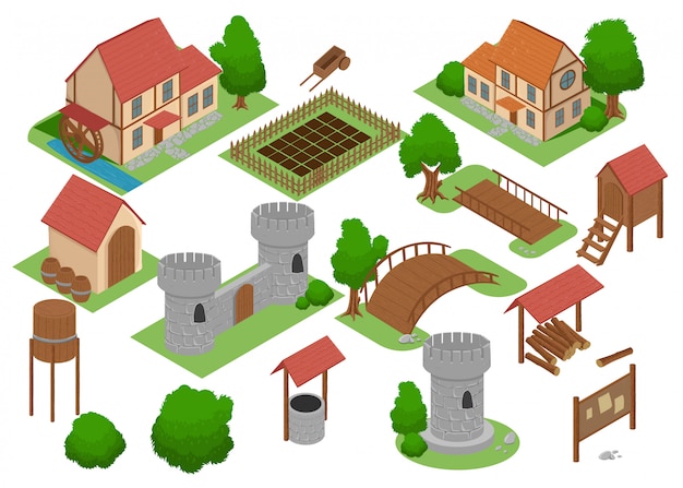 中世の家タイルオンライン戦略的なandroidビデオゲームインサイト。開発マップ要素等尺性中世の建物と工場探検ゲームアンティーク村の家アイコンセットのコレクション。