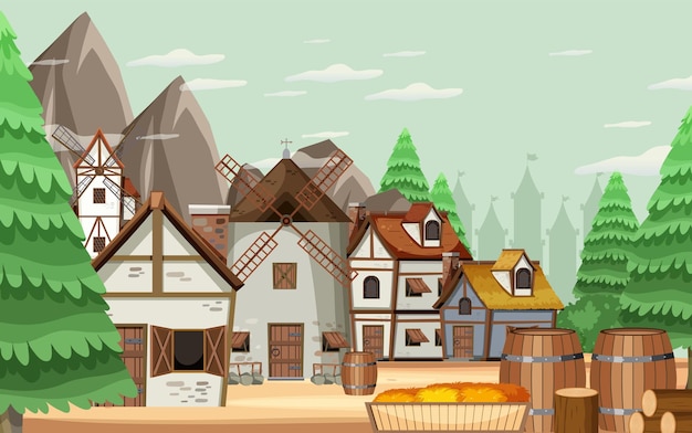 Medieval house with windmill scene