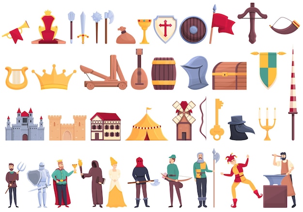 Вектор Набор средневековых икон. мультфильм набор средневековых векторных иконок для веб-дизайна