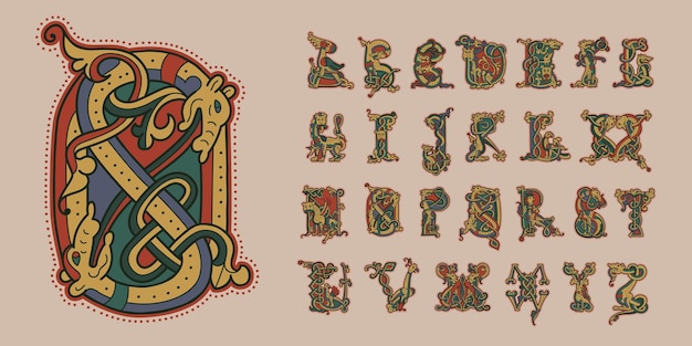 Вектор Средневековый алфавит инициалов из скрученных зверей, львов, птиц и спирального узора