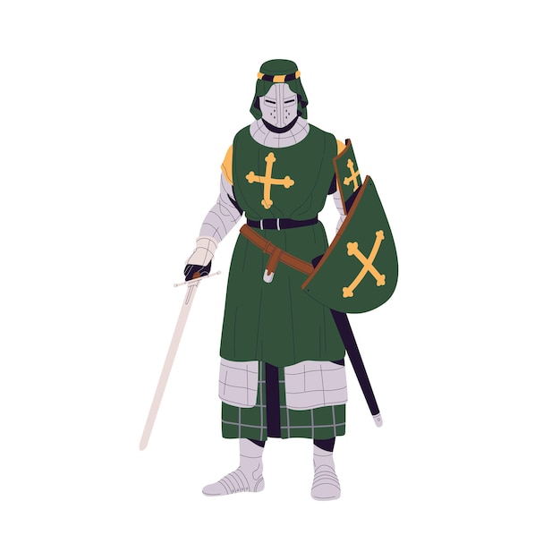 Medieval Ireland knight in steel armor helmet holds sword Ancient warrior with cross on shield Historical soldier in armour with blade in hand Flat isolated vector illustration on white background