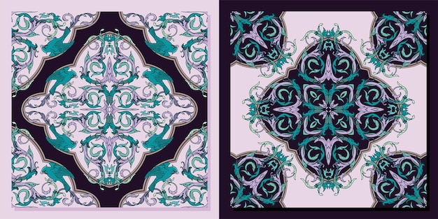 Medieval Javanese vintage purple flower bird and snake pattern suitable for decoration template