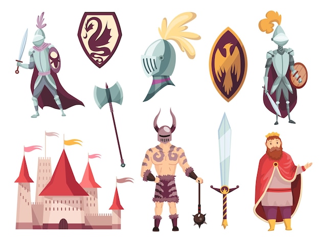 Personaggi del regno medievale del vettore del periodo storico medievale popoli e set di oggetti cavaliere in armatura completa, fortezza e scudi del castello