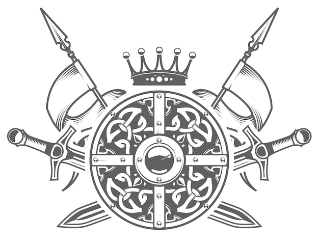교차 칼과 페넌트가 있는 장식 패턴 왕관이 있는 중세 기사 갑옷 둥근 방패