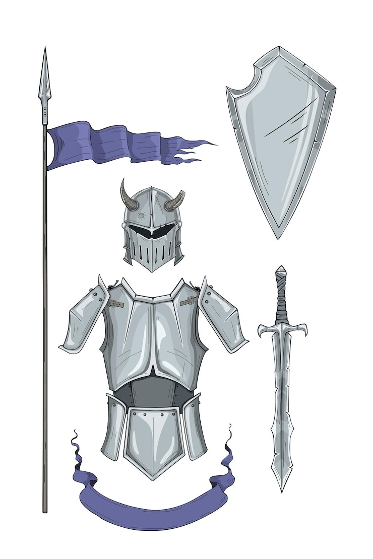 Vector medieval knight armor set with spear and shield in blue colors