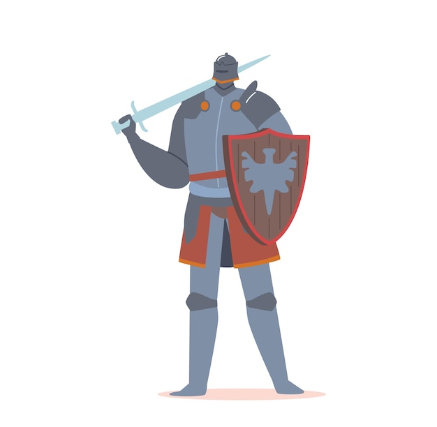 Средневековый рыцарь геральдический персонаж, носящий щит и меч, воин-крестоносец, изолированные на белом фоне. Исторический сказочный актер, древний королевский или римский солдат. Векторные иллюстрации шаржа