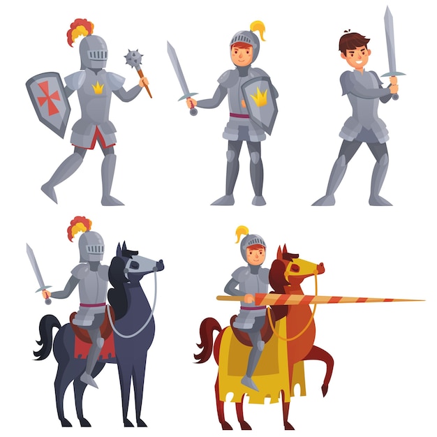 Medieval knight holding sword, royal knight with lance on horseback. warriors with shield and mace for fighting in battle. hero wearing armor isolated set. fairy tale characters vector illustration