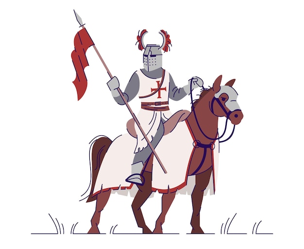 Medieval knight horseman in armor flat vector illustration. Equestrian crusader isolated cartoon character with outline elements on white background. Middle age fighter. Legend personage