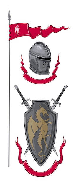 Medieval knight shield, crossed swords, helmet and spear flag