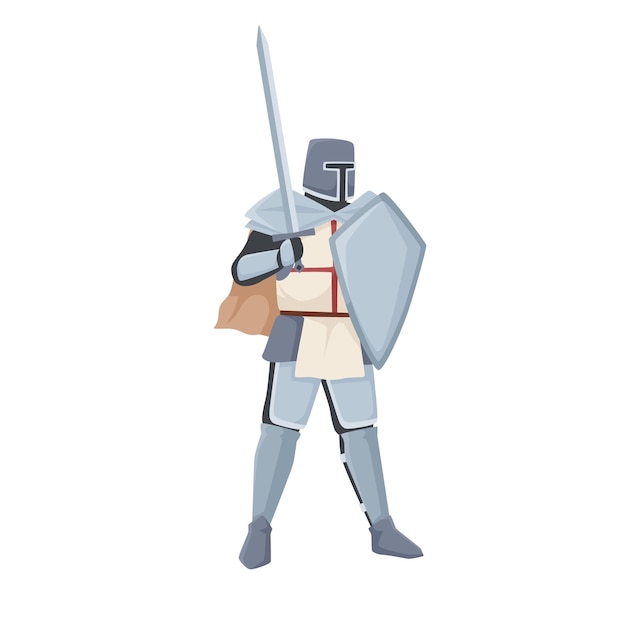 Medieval knight standing in armor and helmet holding shield and raised sword. Warrior of Middle Ages isolated on white background. Chivalry figure. Flat vector illustration.