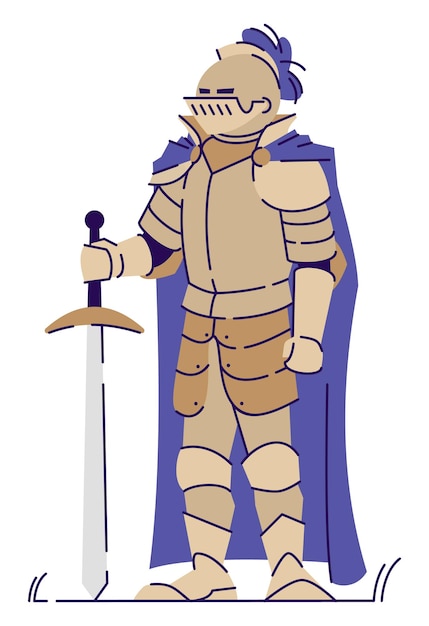 鎧セミフラットrgbカラーベクトルイラストを身に着けている中世の騎士。立ち姿。ライブアクションロールプレイングゲーム。中世の人は白い背景の上の漫画のキャラクターを分離しました
