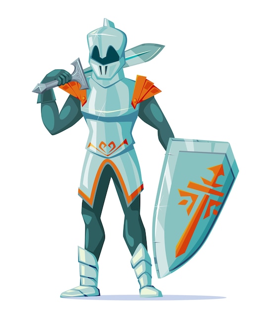 Medieval knight wearing armor with swords and shield stand