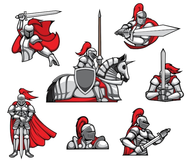 中世の騎士の戦士のマスコット、赤いマントとヘルメット