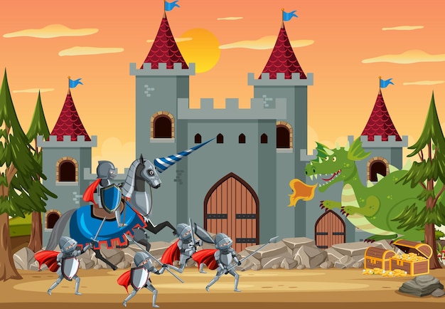 Vector medieval palace scene with knights group